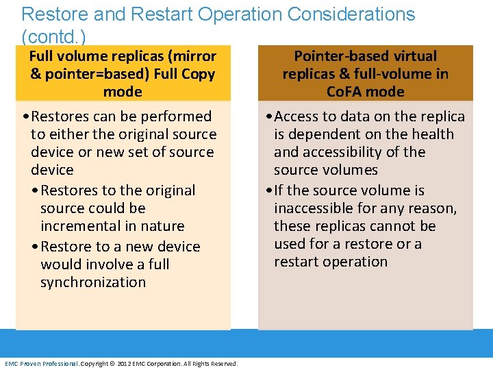 Restore and Restart Operation Considerations (contd. ) Full volume replicas (mirror & pointer=based) Full