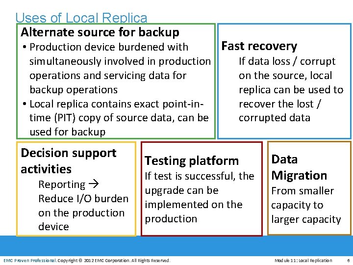 Uses of Local Replica Alternate source for backup Fast recovery • Production device burdened