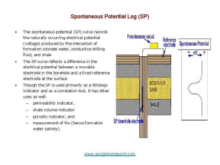 Spontaneous Potential Log (SP) • The spontaneous potential (SP) curve records the naturally occurring