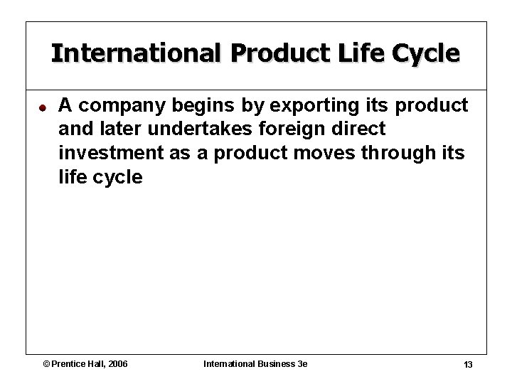 International Product Life Cycle A company begins by exporting its product and later undertakes