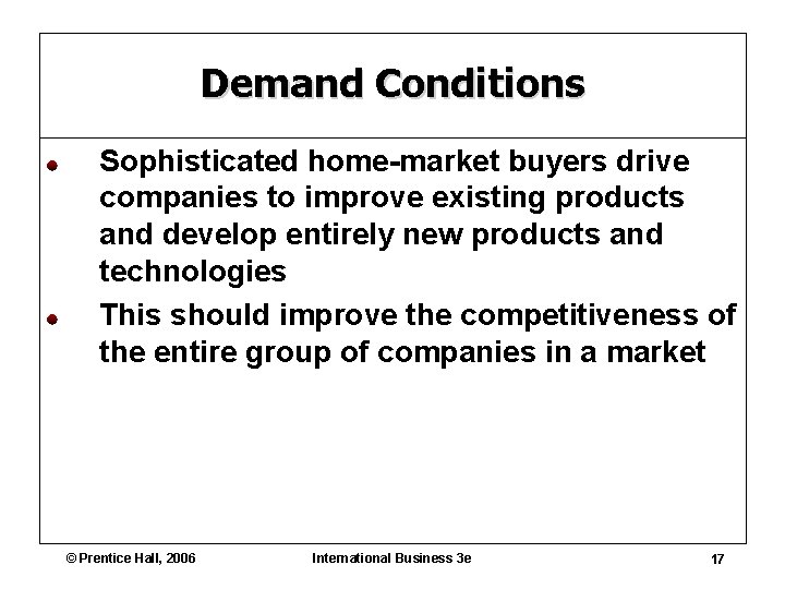 Demand Conditions Sophisticated home-market buyers drive companies to improve existing products and develop entirely
