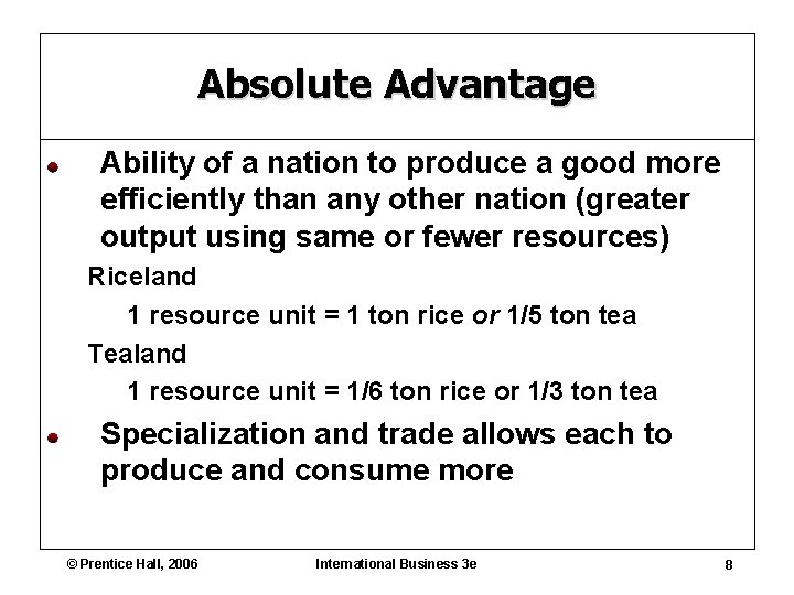 Absolute Advantage Ability of a nation to produce a good more efficiently than any