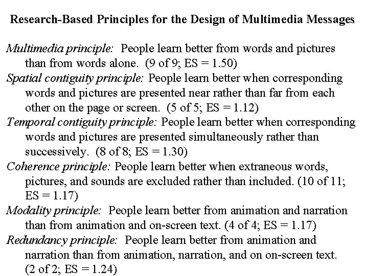 Research-Based Principles for the Design of Multimedia Messages Multimedia principle: People learn better from Research-Based Principles for the Design of Multimedia Messages Multimedia principle: People learn better from