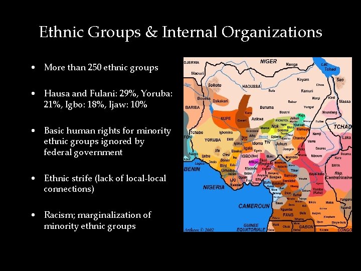 Ethnic Groups & Internal Organizations • More than 250 ethnic groups • Hausa and