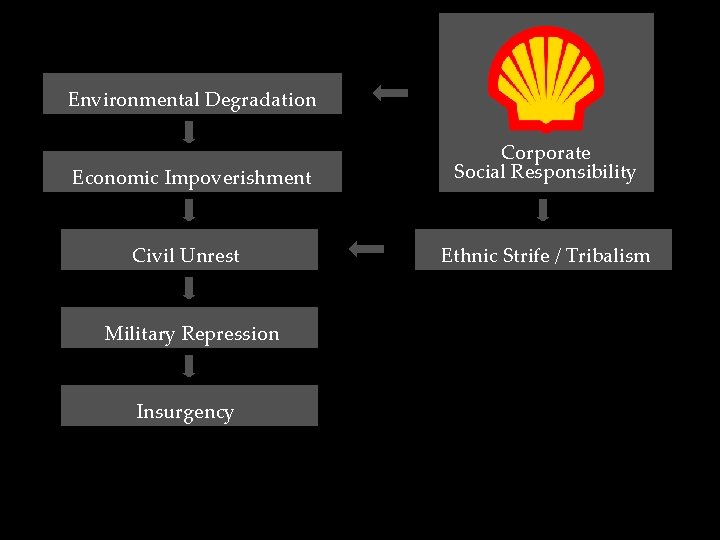 Environmental Degradation Economic Impoverishment Corporate Social Responsibility Civil Unrest Ethnic Strife / Tribalism Military