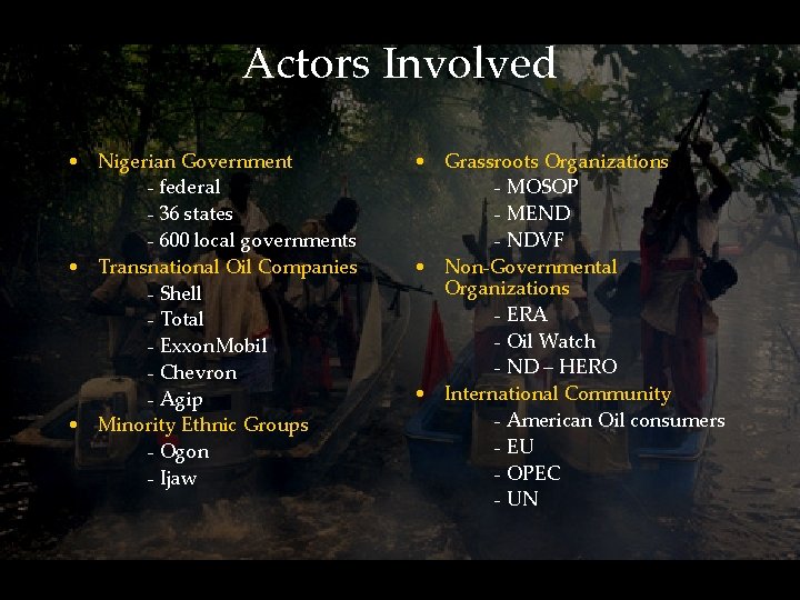 Actors Involved • Nigerian Government - federal - 36 states - 600 local governments