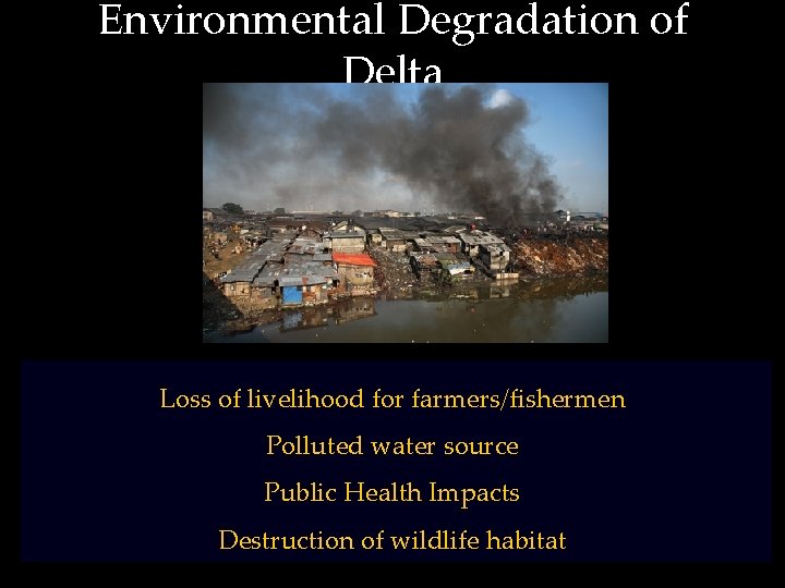 Environmental Degradation of Delta Loss of livelihood for farmers/fishermen Polluted water source Public Health