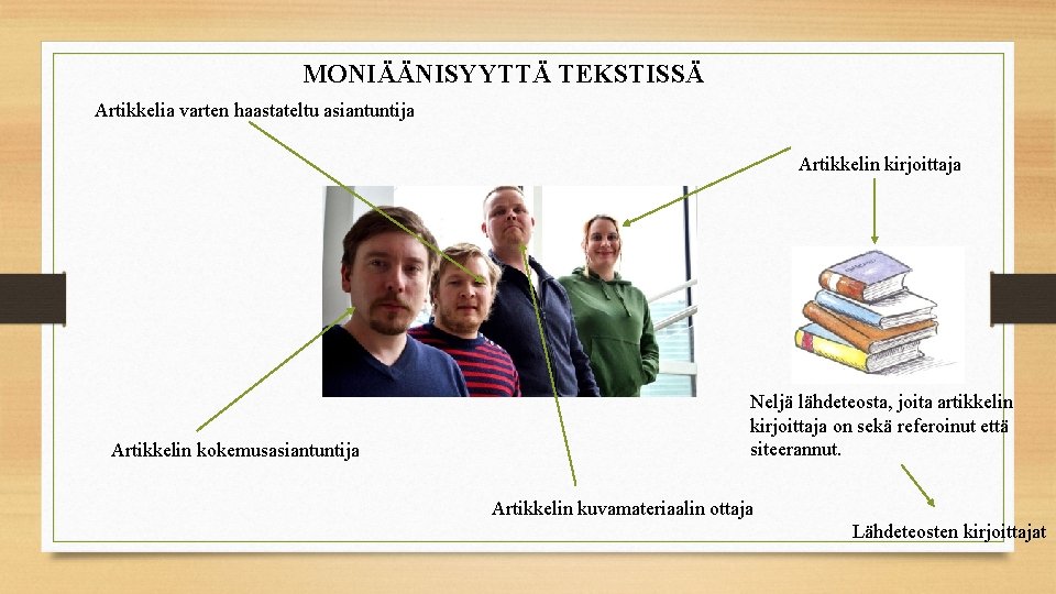 MONIÄÄNISYYTTÄ TEKSTISSÄ Artikkelia varten haastateltu asiantuntija Artikkelin kirjoittaja Artikkelin kokemusasiantuntija Neljä lähdeteosta, joita artikkelin