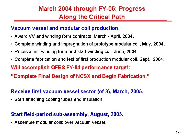 March 2004 through FY-05: Progress Along the Critical Path Vacuum vessel and modular coil