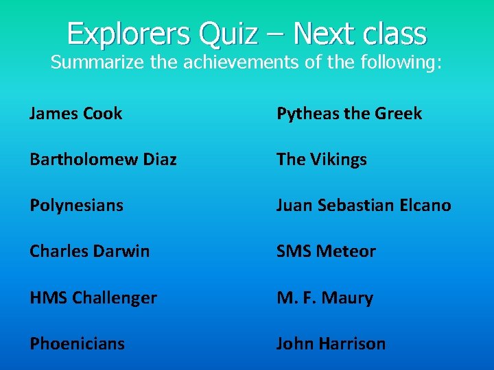 Explorers Quiz – Next class Summarize the achievements of the following: James Cook Pytheas