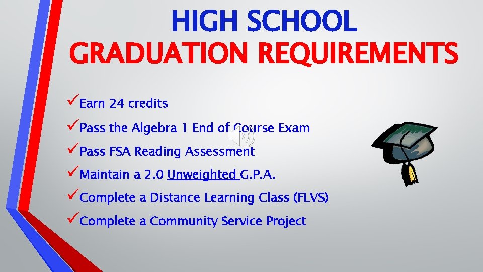 HIGH SCHOOL GRADUATION REQUIREMENTS üEarn 24 credits üPass the Algebra 1 End of Course