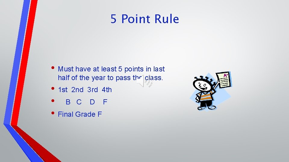 5 Point Rule • Must have at least 5 points in last half of