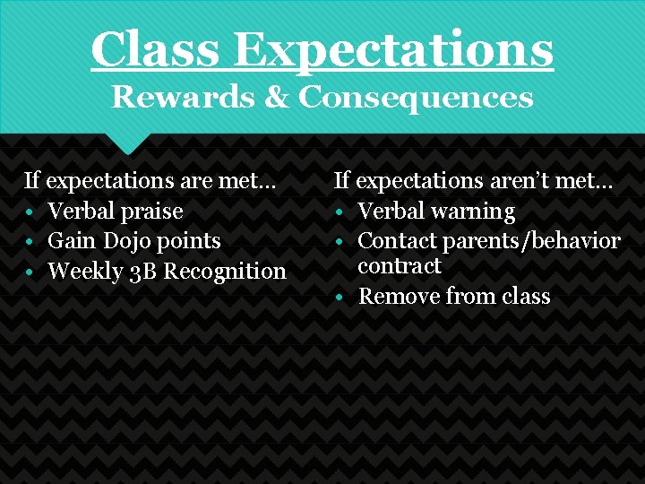 Class Expectations Rewards & Consequences If expectations are met. . . • Verbal praise