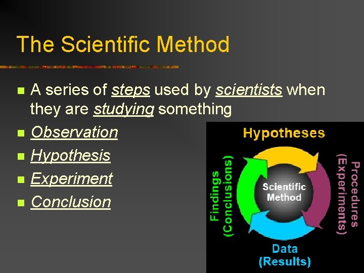The Scientific Method n n n A series of steps used by scientists when