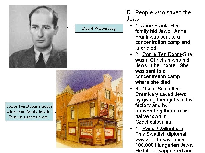 – D. People who saved the Jews Rauol Wallenburg Corrie Ten Boom’s house where