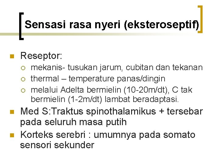 Sensasi rasa nyeri (eksteroseptif) n Reseptor: ¡ ¡ ¡ n n mekanis- tusukan jarum,