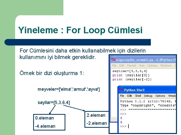 Yineleme : For Loop Cümlesi For Cümlesini daha etkin kullanabilmek için dizilerin kullanımını iyi