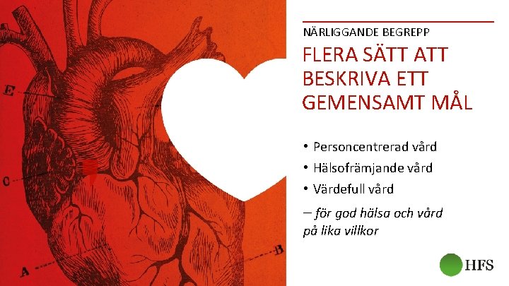 NÄRLIGGANDE BEGREPP FLERA SÄTT ATT BESKRIVA ETT GEMENSAMT MÅL • Personcentrerad vård • Hälsofrämjande