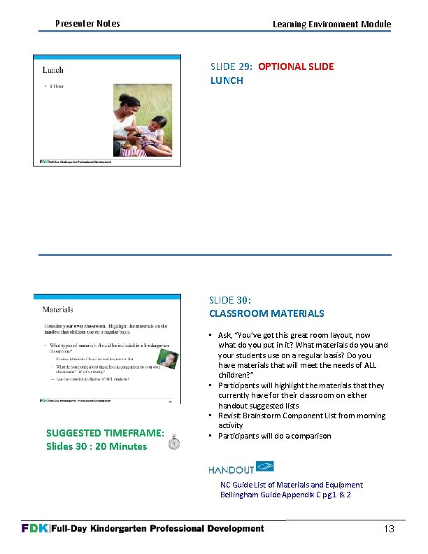 Presenter Notes Learning Environment Module SLIDE 29: OPTIONAL SLIDE LUNCH SLIDE 30: CLASSROOM MATERIALS Presenter Notes Learning Environment Module SLIDE 29: OPTIONAL SLIDE LUNCH SLIDE 30: CLASSROOM MATERIALS