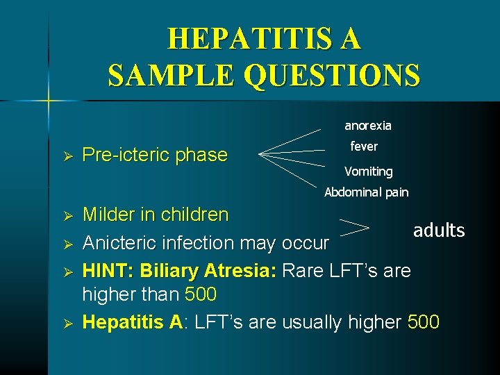 HEPATITIS A SAMPLE QUESTIONS anorexia Ø Pre-icteric phase fever Vomiting Abdominal pain Ø Ø HEPATITIS A SAMPLE QUESTIONS anorexia Ø Pre-icteric phase fever Vomiting Abdominal pain Ø Ø