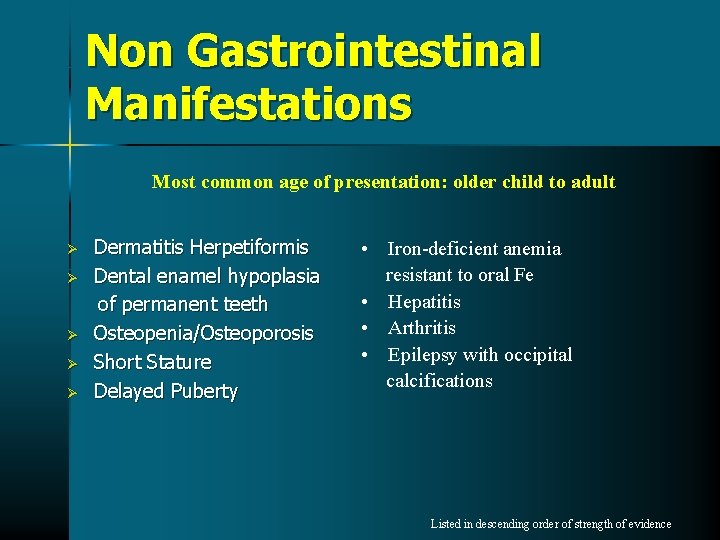 Non Gastrointestinal Manifestations Most common age of presentation: older child to adult Ø Ø Non Gastrointestinal Manifestations Most common age of presentation: older child to adult Ø Ø