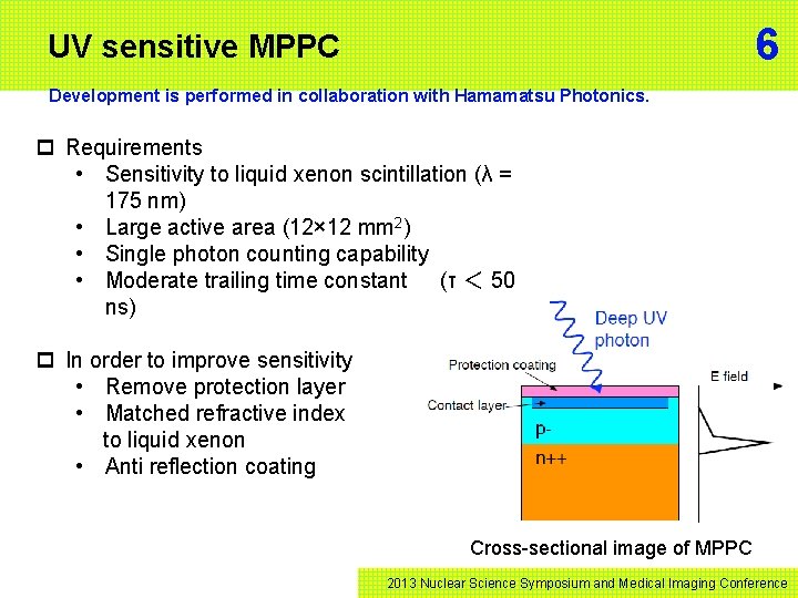 6 UV sensitive MPPC Development is performed in collaboration with Hamamatsu Photonics. p Requirements