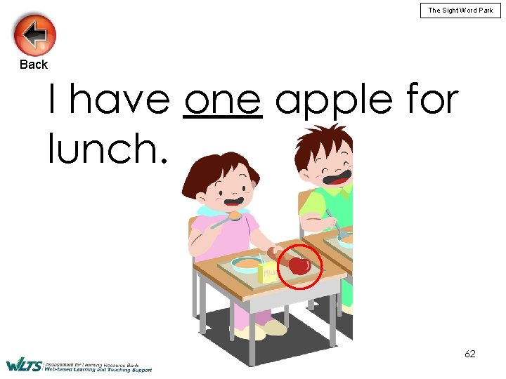 The Sight Word Park Back I have one apple for lunch. 62 