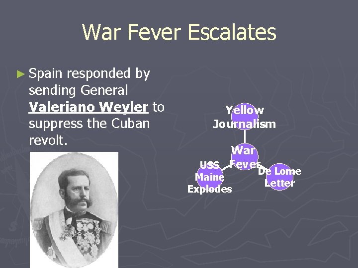 War Fever Escalates ► Spain responded by sending General Valeriano Weyler to suppress the
