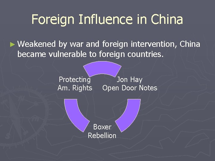 Foreign Influence in China ► Weakened by war and foreign intervention, China became vulnerable