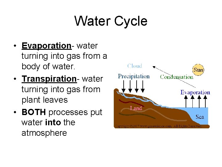 Water Cycle • Evaporation- water turning into gas from a body of water. •