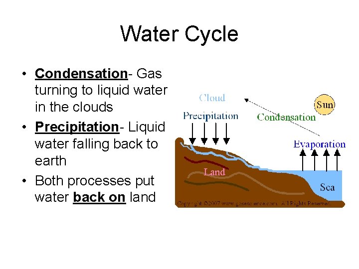 Water Cycle • Condensation- Gas turning to liquid water in the clouds • Precipitation-