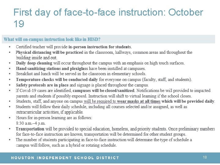 First day of face-to-face instruction: October 19 18 