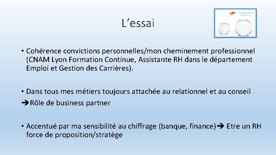 L’essai • Cohérence convictions personnelles/mon cheminement professionnel (CNAM Lyon Formation Continue, Assistante RH dans