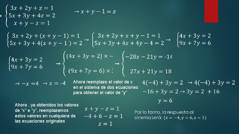 Ahora reemplazo el valor de x en el sistema de dos ecuaciones para obtener