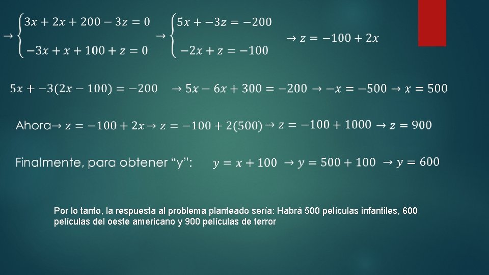 Por lo tanto, la respuesta al problema planteado sería: Habrá 500 películas infantiles, 600