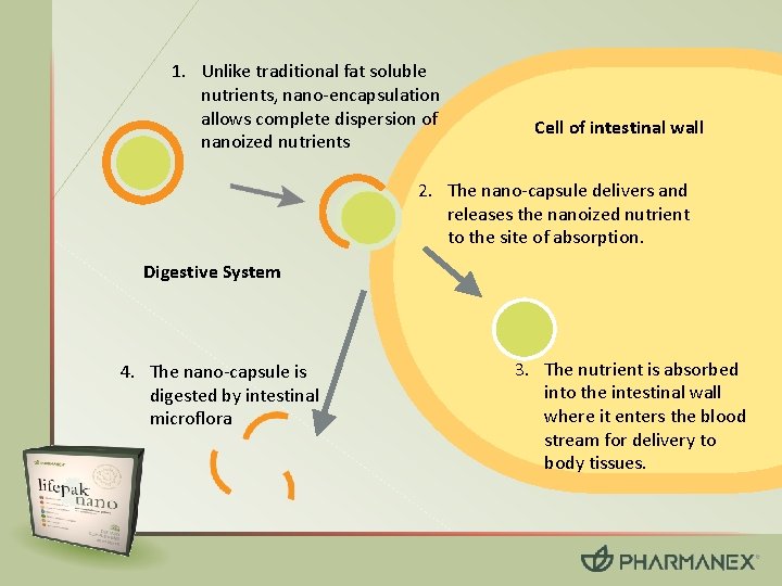 1. Unlike traditional fat soluble nutrients, nano-encapsulation allows complete dispersion of nanoized nutrients Cell