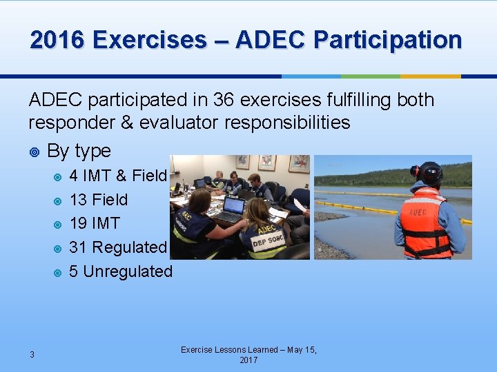 2016 Exercises – ADEC Participation ADEC participated in 36 exercises fulfilling both responder &