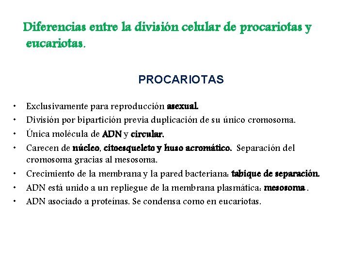 Diferencias entre la división celular de procariotas y eucariotas. PROCARIOTAS • • Exclusivamente para