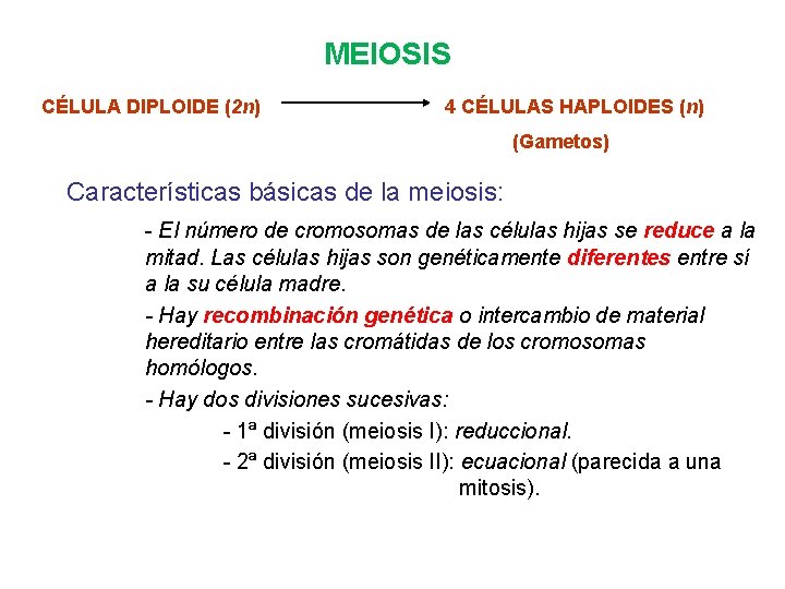 MEIOSIS CÉLULA DIPLOIDE (2 n) 4 CÉLULAS HAPLOIDES (n) (Gametos) Características básicas de la