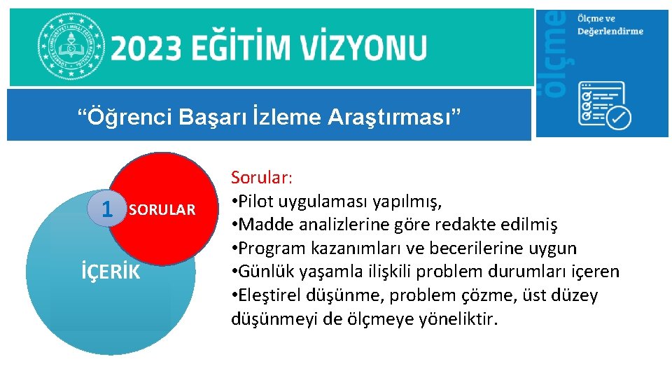 “Öğrenci Başarı İzleme Araştırması” 1 SORULAR İÇERİK Sorular: • Pilot uygulaması yapılmış, • Madde