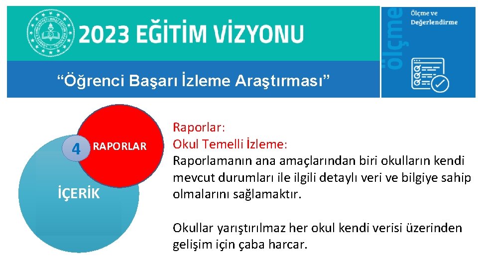 “Öğrenci Başarı İzleme Araştırması” 4 RAPORLAR İÇERİK Raporlar: Okul Temelli İzleme: Raporlamanın ana amaçlarından