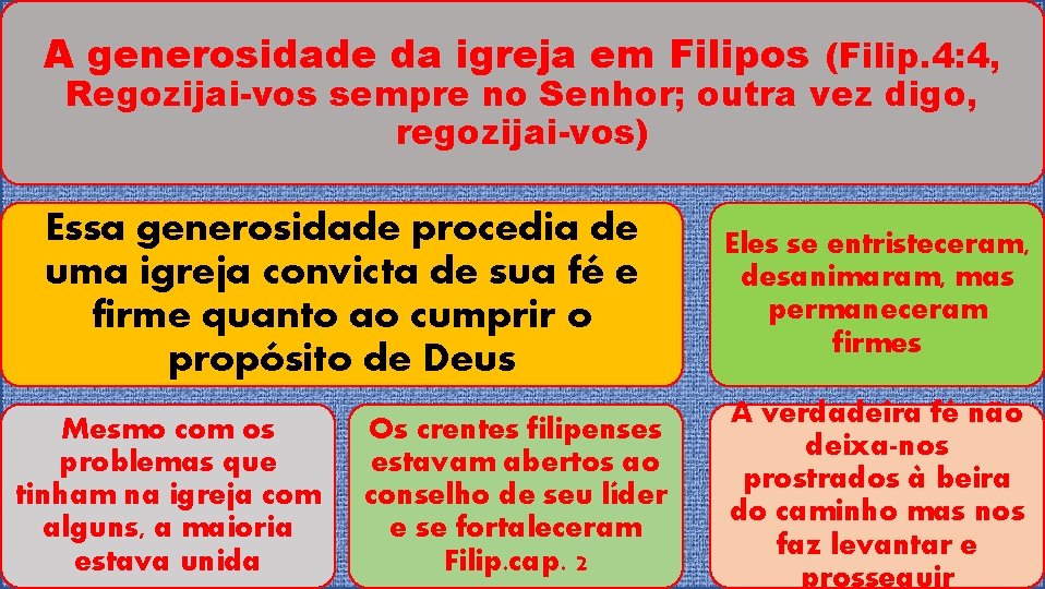A generosidade da igreja em Filipos (Filip. 4: 4, Regozijai-vos sempre no Senhor; outra