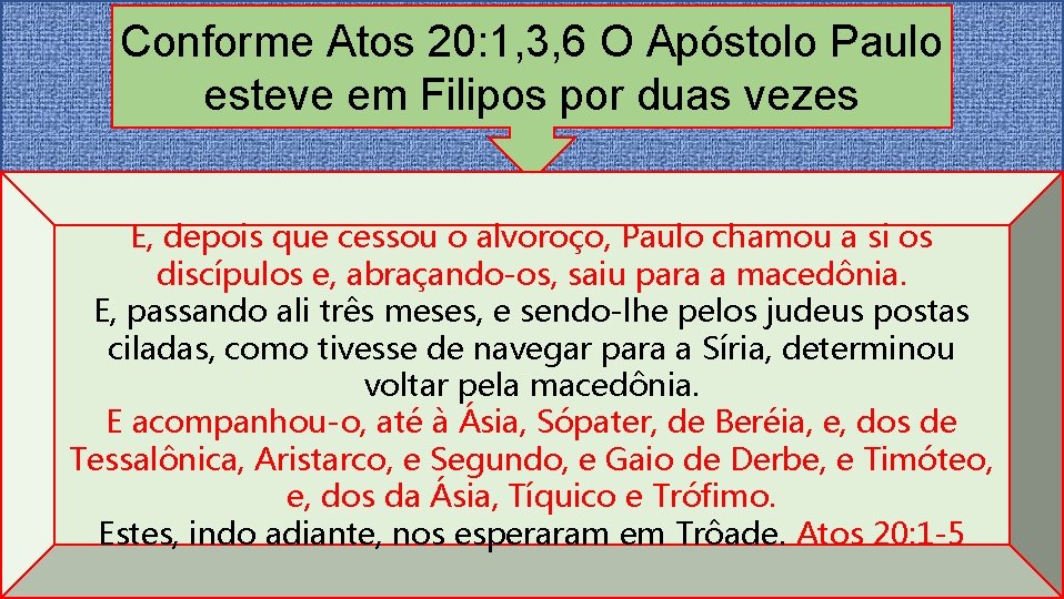 Conforme Atos 20: 1, 3, 6 O Apóstolo Paulo esteve em Filipos por duas