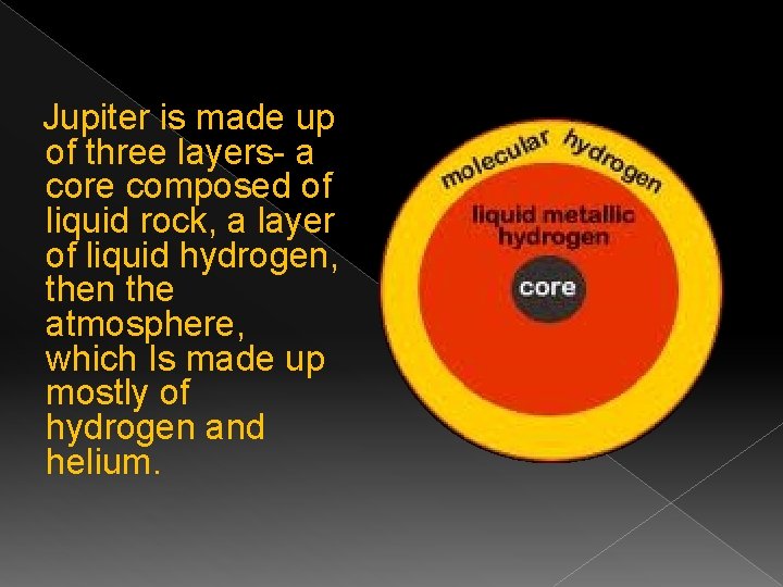 Jupiter is made up of three layers- a core composed of liquid rock, a