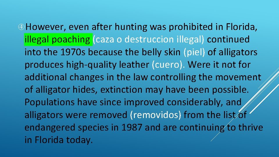  However, even after hunting was prohibited in Florida, illegal poaching (caza o destruccion