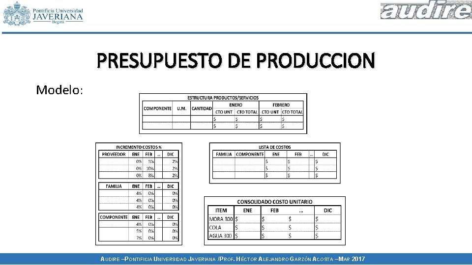 PRESUPUESTO DE PRODUCCION Modelo: AUDIRE – PONTIFICIA UNIVERSIDAD JAVERIANA / PROF. HÉCTOR ALEJANDRO GARZÓN