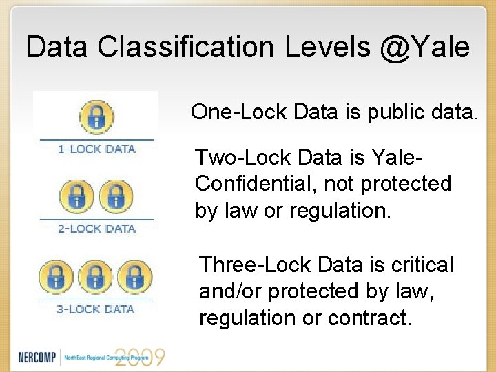 Data Classification Levels @Yale One-Lock Data is public data. Two-Lock Data is Yale. Confidential,