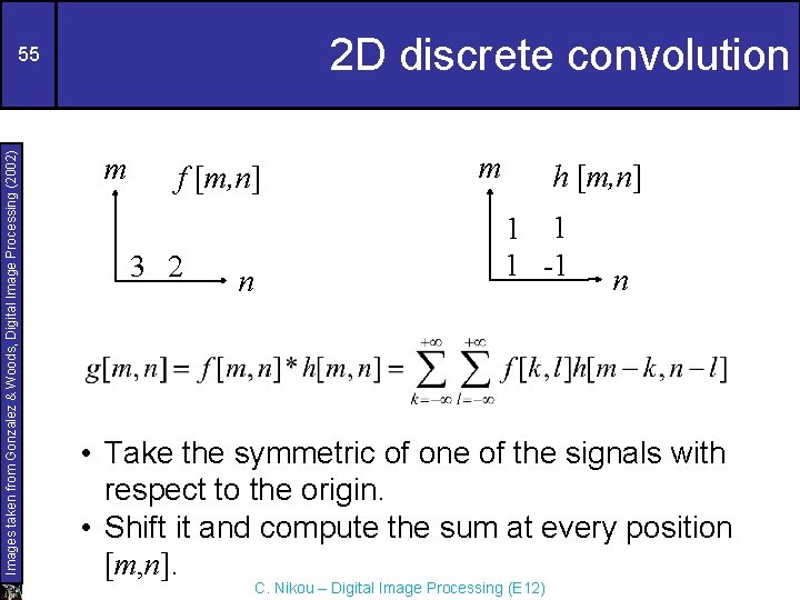 2 D discrete convolution Images taken from Gonzalez & Woods, Digital Image Processing (2002)
