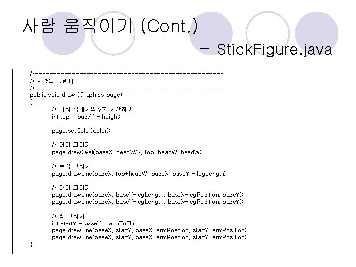 사람 움직이기 (Cont. ) - Stick. Figure. java //-------------------------// 사람을 그린다. //-------------------------public void draw 사람 움직이기 (Cont. ) - Stick. Figure. java //-------------------------// 사람을 그린다. //-------------------------public void draw