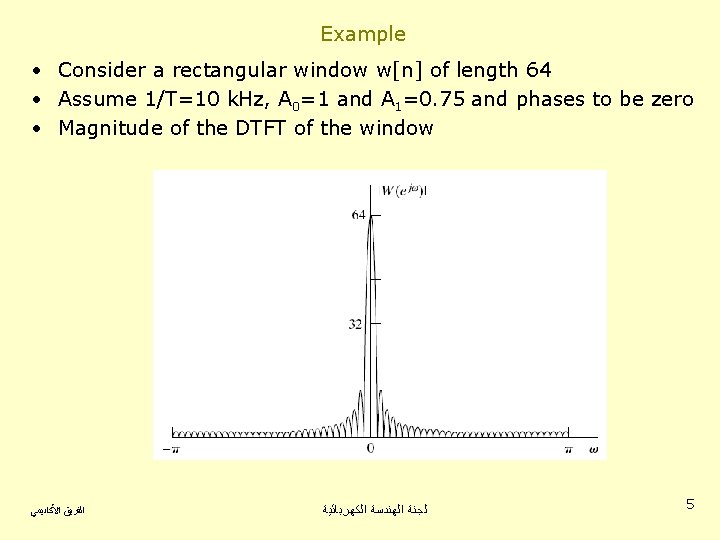 Example • Consider a rectangular window w[n] of length 64 • Assume 1/T=10 k.